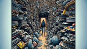 Illustration of a person surrounded by various items representing hoarding disorder