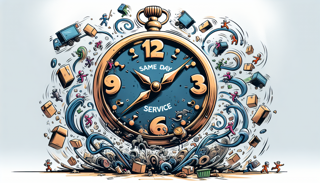 Cartoon of a clock with 'same day service' text